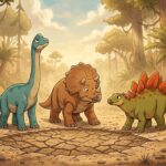 Tři malí dinosauři, triceratops, brachiosaurus a stegosaurus, stojí u vyschlé tůňky s popraskaným blátem uprostřed lesa.