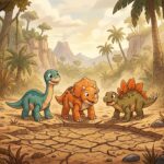 Tři malí dinosauři, triceratops, brachiosaurus a stegosaurus, stojí u vyschlé tůňky s popraskaným blátem uprostřed lesa.