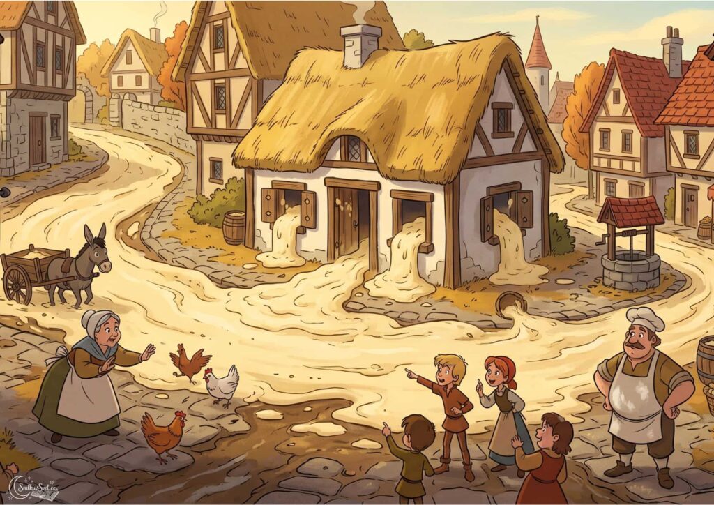 2D ilustrace středověké vesnice v Disney stylu, kde z oken a dveří malého doškového domku vytéká záplava světlé kaše a zaplavuje kamenné uličky, zatímco vesničané udiveně ukazují prstem.