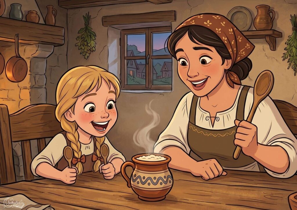 2D animovaná ilustrace matky a dcery v historické kuchyni, jak s dřevěnými lžícemi v ruce nadšeně a s úsměvem koukají na hliněný hrneček plný teplé kaše stojící na stole.