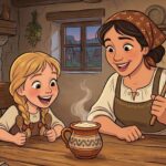 2D animovaná ilustrace matky a dcery v historické kuchyni, jak s dřevěnými lžícemi v ruce nadšeně a s úsměvem koukají na hliněný hrneček plný teplé kaše stojící na stole.