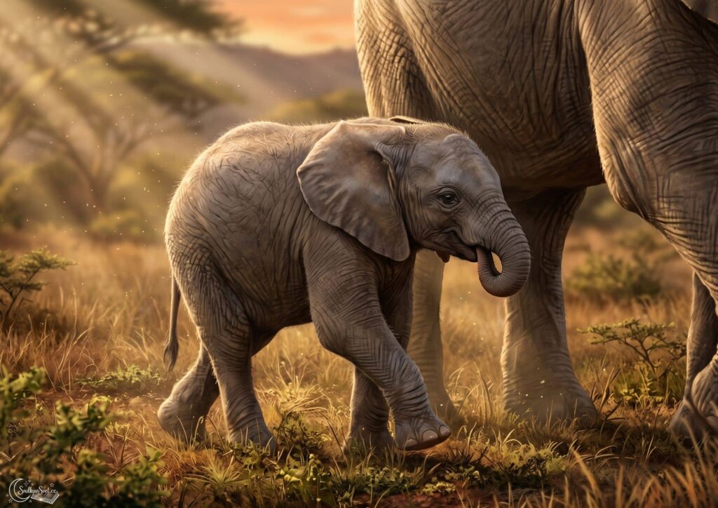 Roztomilé africké slůně kráčející vedle své matky, které si uklidňuje nervy cumláním konce svého chobotu