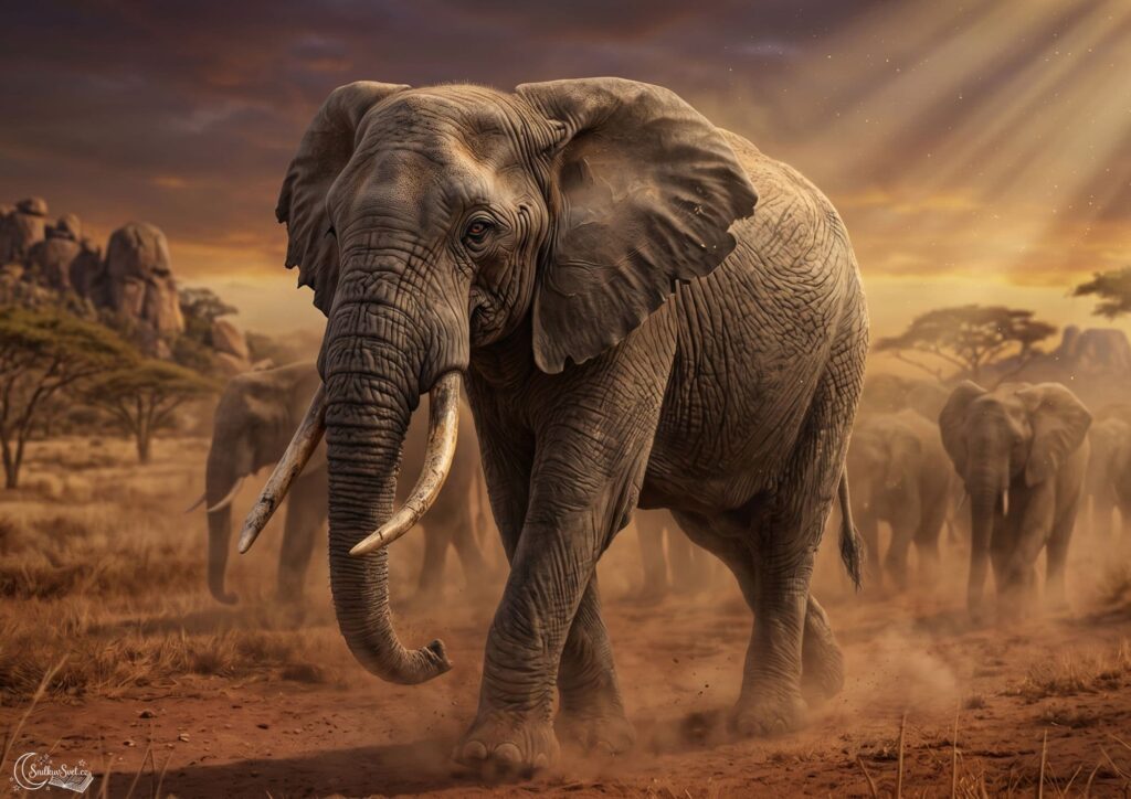 Zkušená sloní samice kráčí v čele a vede skupinu slonů prašnou africkou savanou