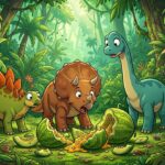Ilustrace tří dinosauřích mláďat, která v pralese překvapeně koukají na rozbité zelené melouny.