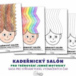 Náhled sady čtyř pracovních listů s motivem dětských hlav a různými typy čar pro trénink stříhání, z nichž dva jsou vybarvené pastelkami.