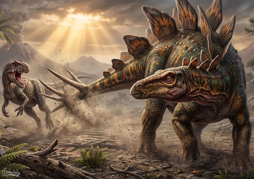 Realistická ilustrace dinosaura jménem Stegosaurus, který stojí v pravěké krajině a připravuje se k obraně pomocí ostnatého ocasu.