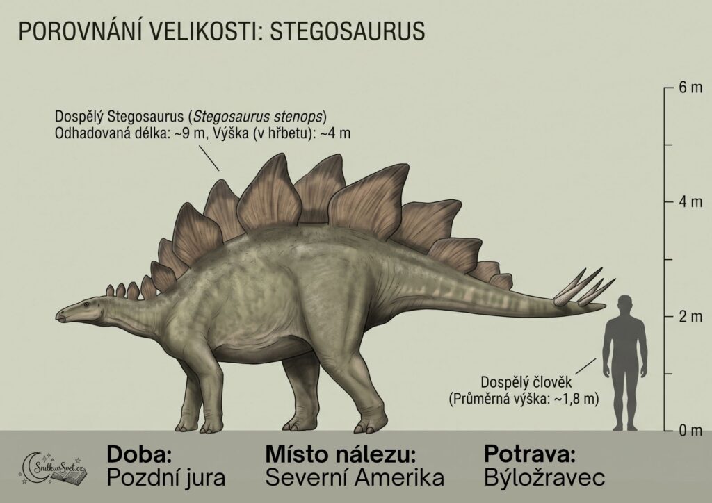 Minimalistický nákres porovnávající výšku dospělého člověka a velkého devítimetrového dinosaura jménem Stegosaurus.