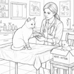 Realistická line art omalovánka pro děti, veterinářka ošetřuje kočce zraněnou tlapku na vyšetřovacím stole, vedle na židli sedí v papírové krabici malé kotě.