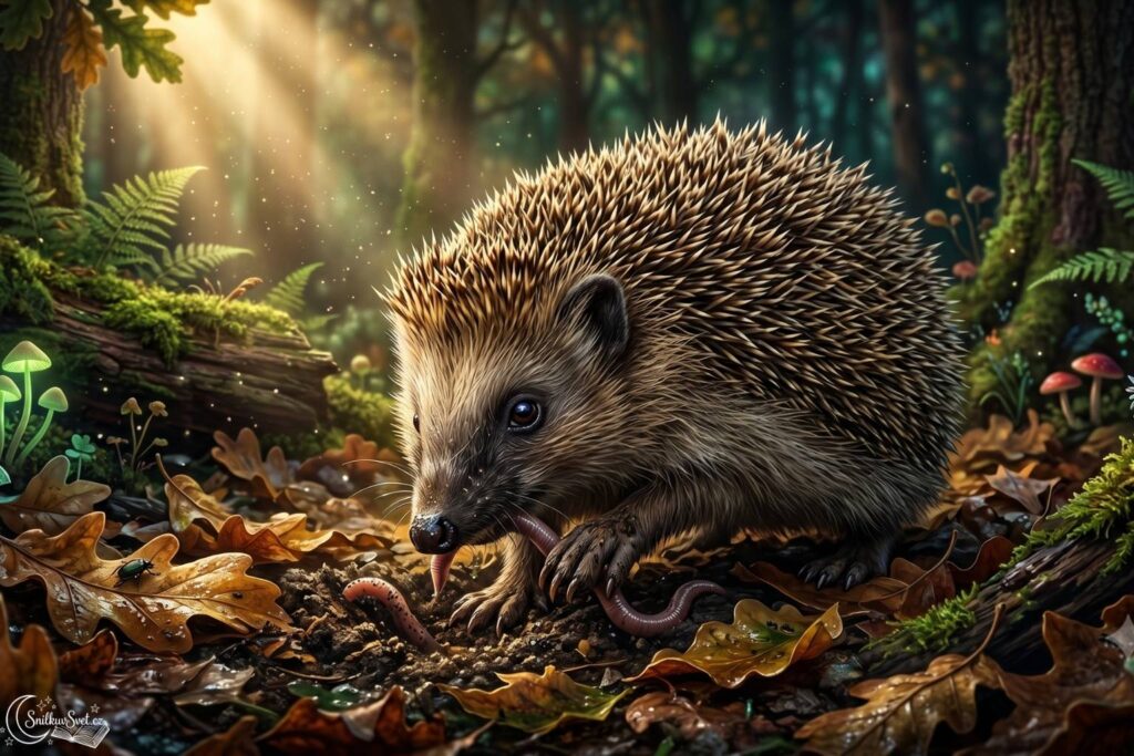 Fotorealistická ilustrace ježka západního, který čenichem prohledává spadané listí a loví žížalu v nočním lese.