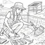Černobílá omalovánka k vytištění znázorňující archeoložku v klobouku, jak jemným štětcem odkrývá starověkou vázu v písku obklopená nářadím.