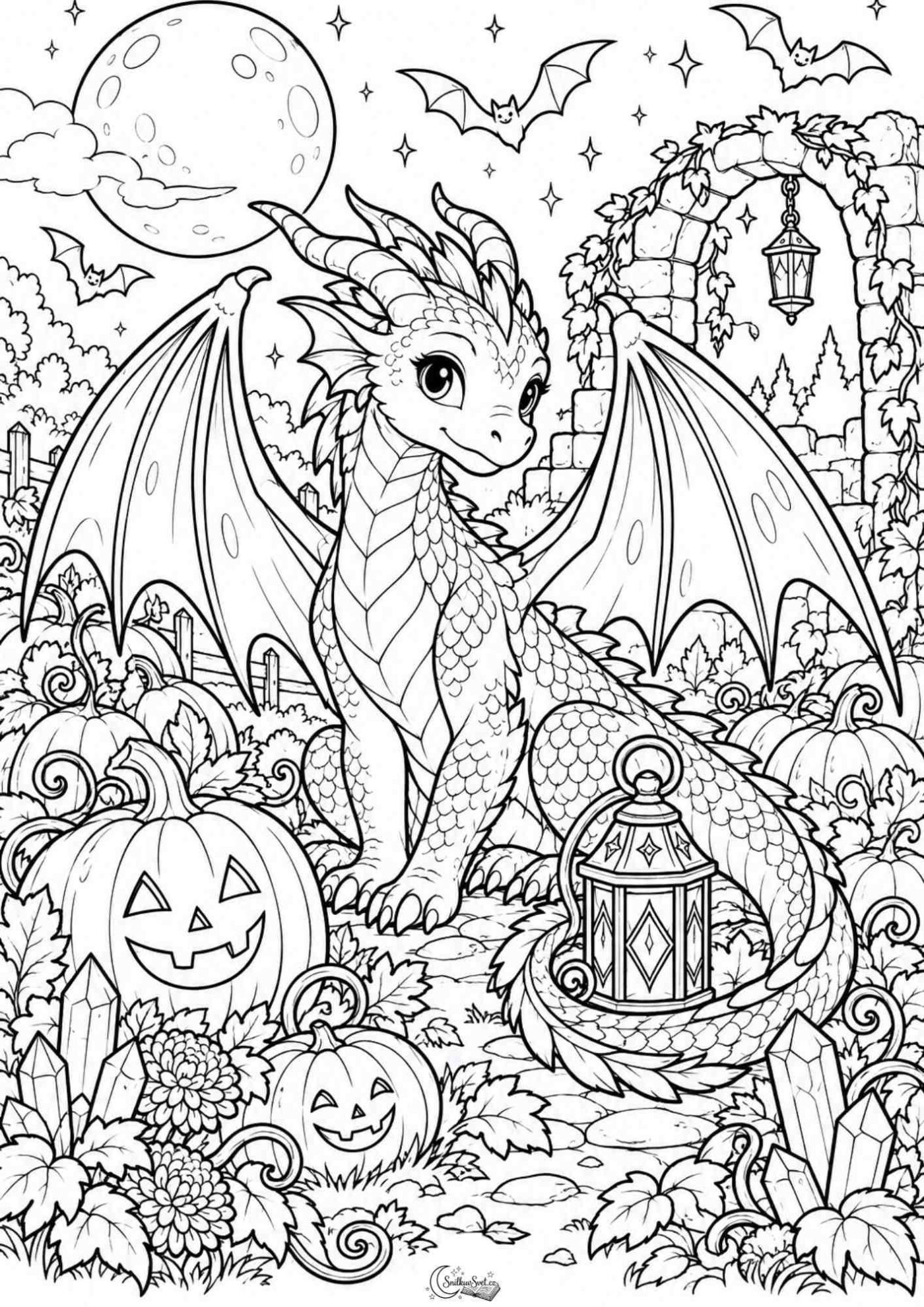 Drak s lucernou na Halloween: omalovánka k vytisknutí