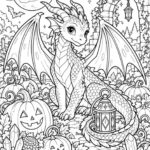 Omalovánka draka s lucernou mezi halloweenskými dýněmi