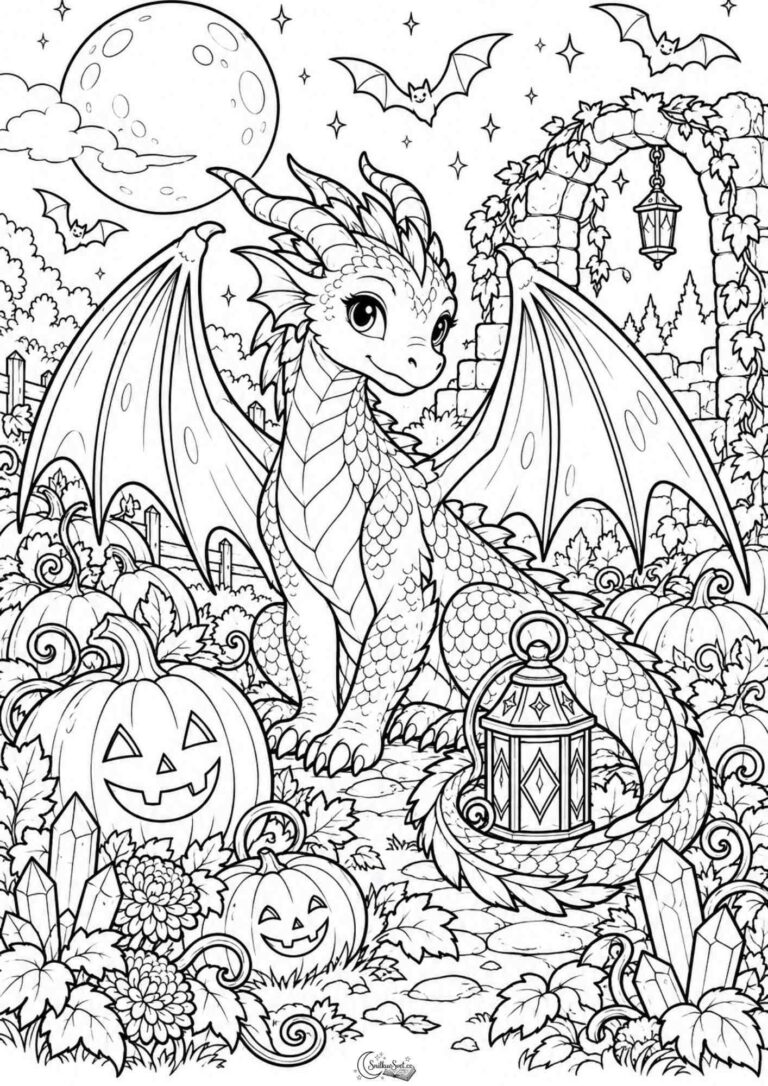 Drak s lucernou na Halloween: omalovánka k vytisknutí
