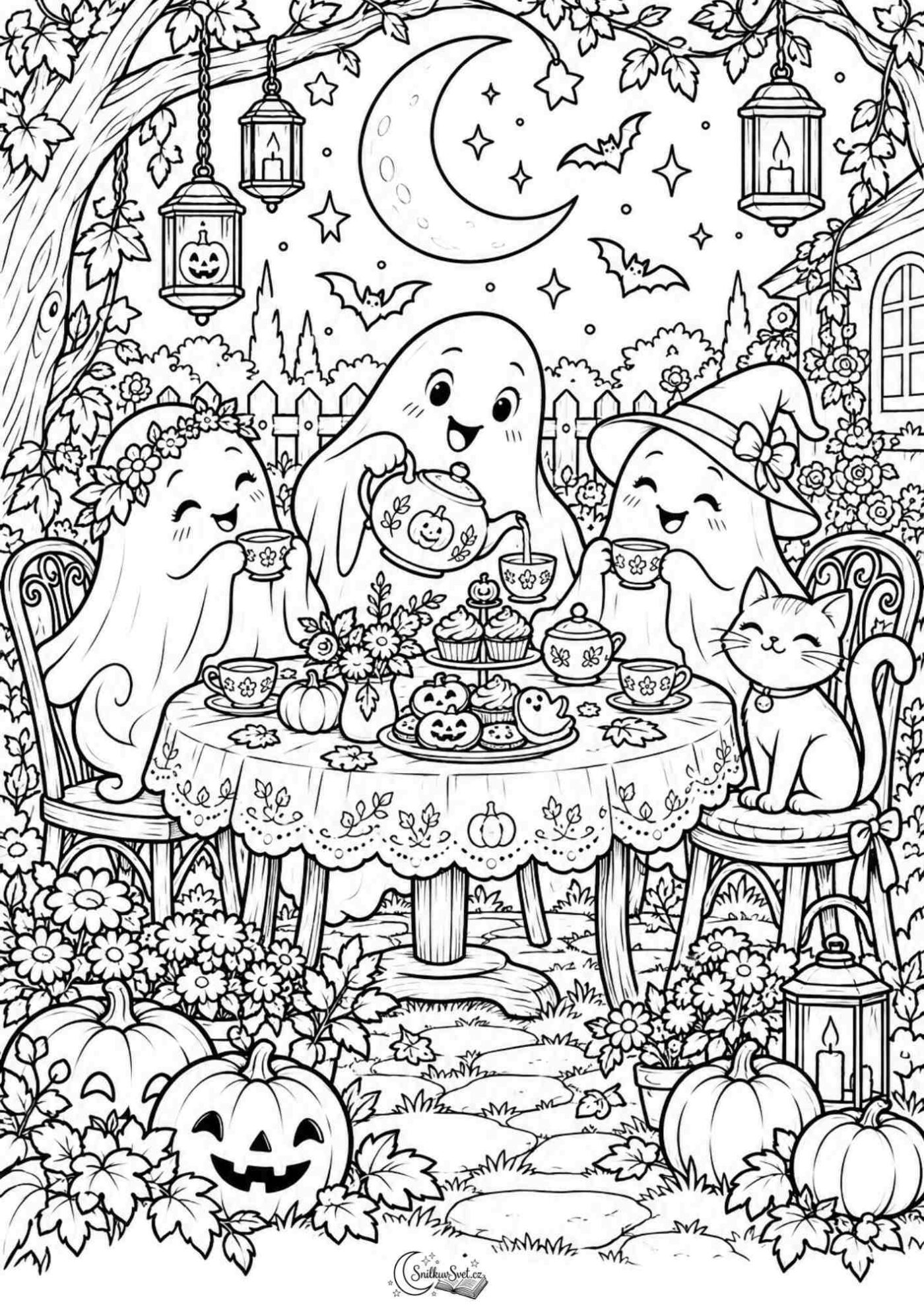 Duchové na halloweenské hostině: omalovánka k vytisknutí