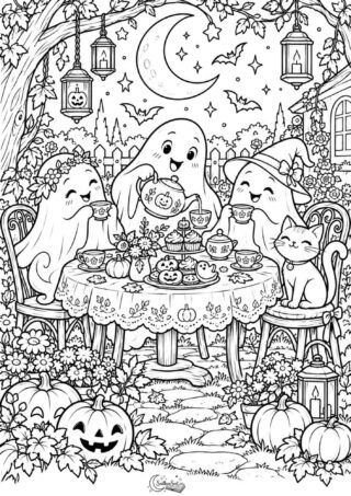 Duchové na halloweenské hostině: omalovánka k vytisknutí