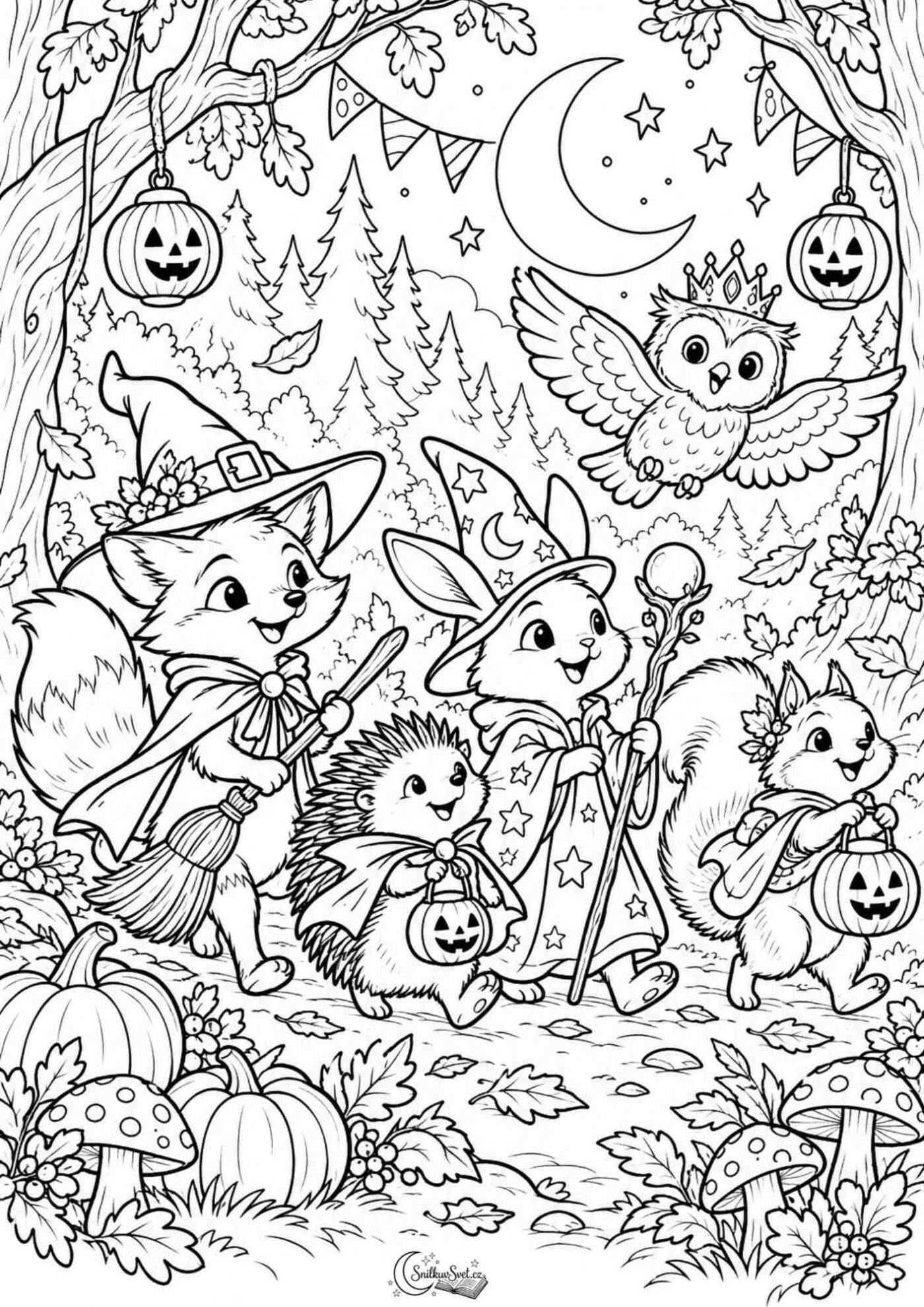 Halloween lesních zvířátek: omalovánka k vytisknutí