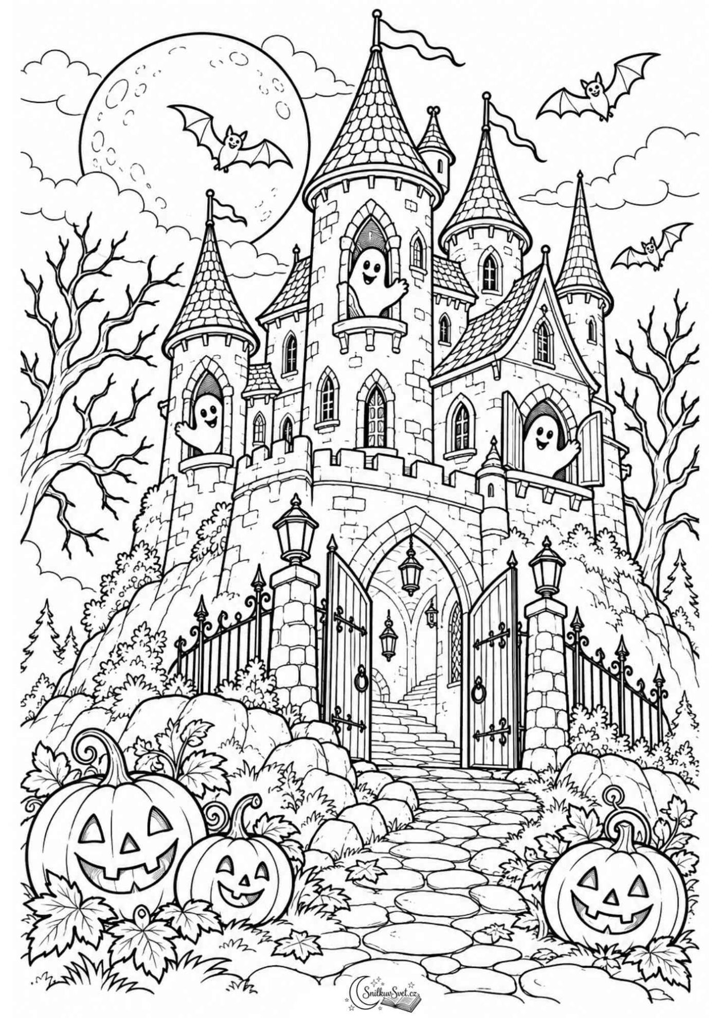 Halloweenský hrad: omalovánka k vytisknutí