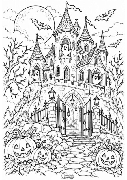 Halloweenský hrad: omalovánka k vytisknutí