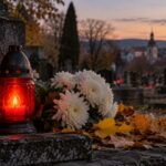 Červená hřbitovní svíčka vedle bílých chryzantém a podzimního listí.