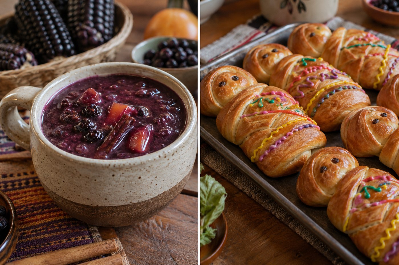Dvojice z Ekvádoru: vlevo fialový nápoj colada morada, vpravo zdobené pečivo guaguas de pan.