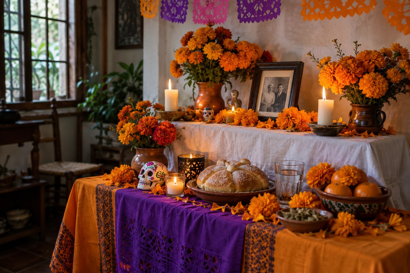 Mexická ofrenda s fotografiemi, oranžovými aksamitníky, svíčkami, pečivem a papírovými ozdobami.