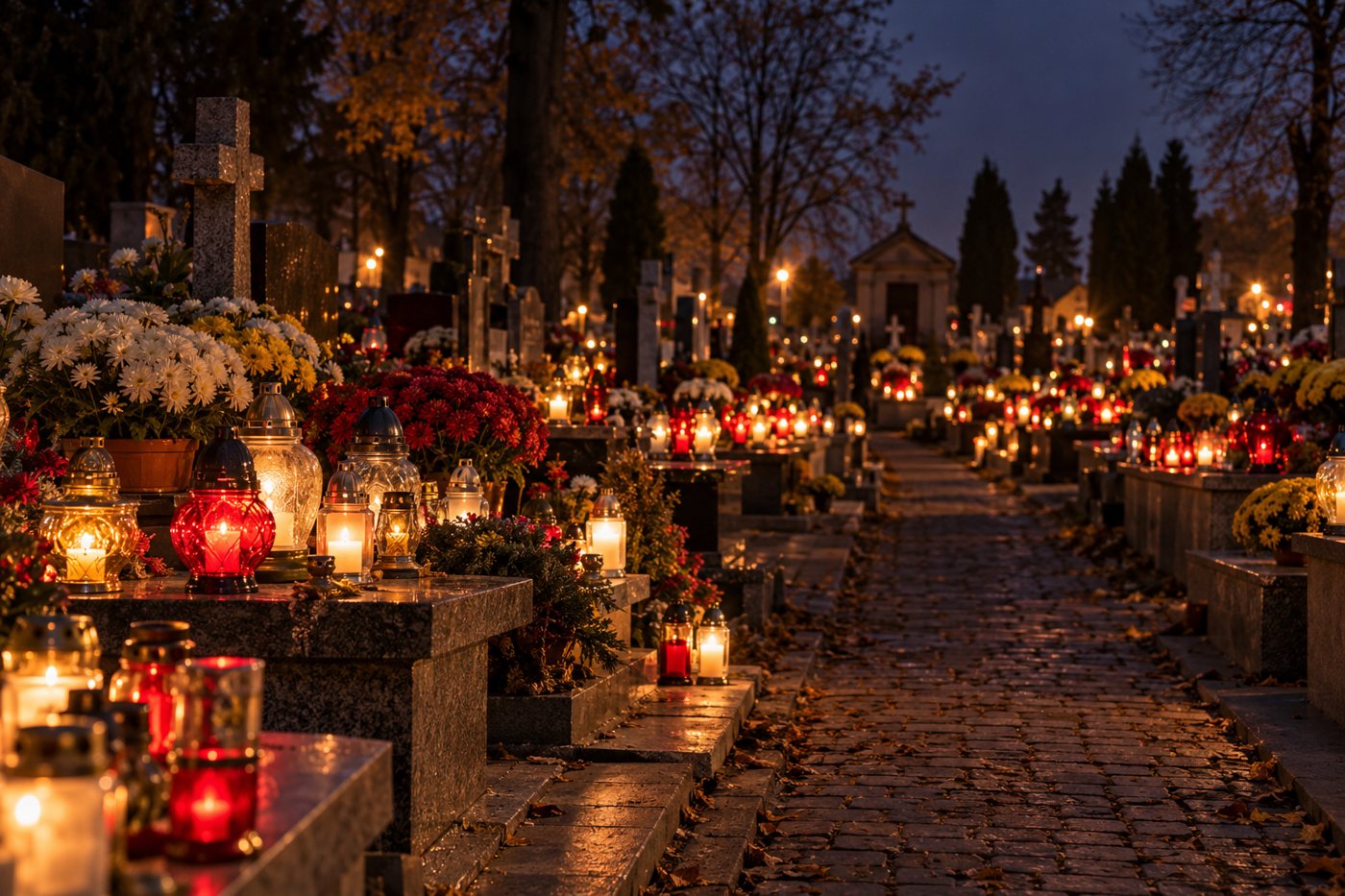Polský hřbitov za soumraku s množstvím rozsvícených svíček a květin na hrobech.